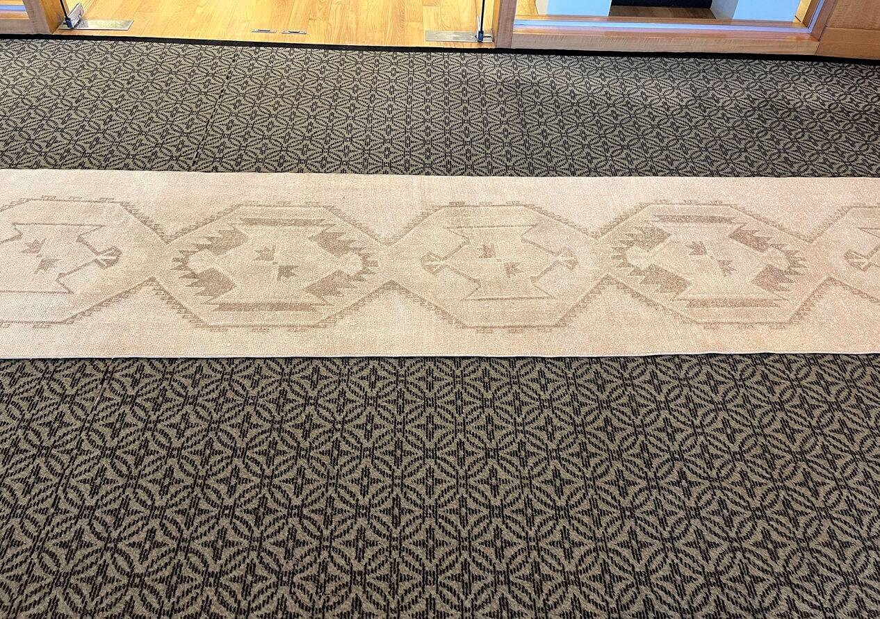 Vintage Handmade Soft Beige and Brown Long Hallway Runner