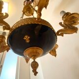 Lustre à 6 bras de lumière en bronze doré de style Empire français, en porcelaine bleu cobalt