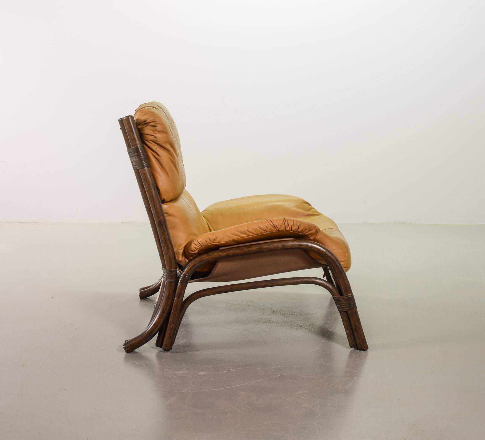 Brutalist Bentwood Bamboo Lounge Chair with Caramel Leather Upholstery, 60s