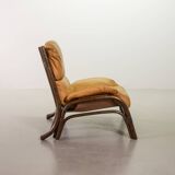 Brutalist Bentwood Bamboo Lounge Chair with Caramel Leather Upholstery, 60s