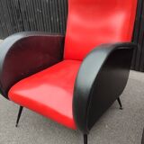 Pair of red and black faux leather armchairs