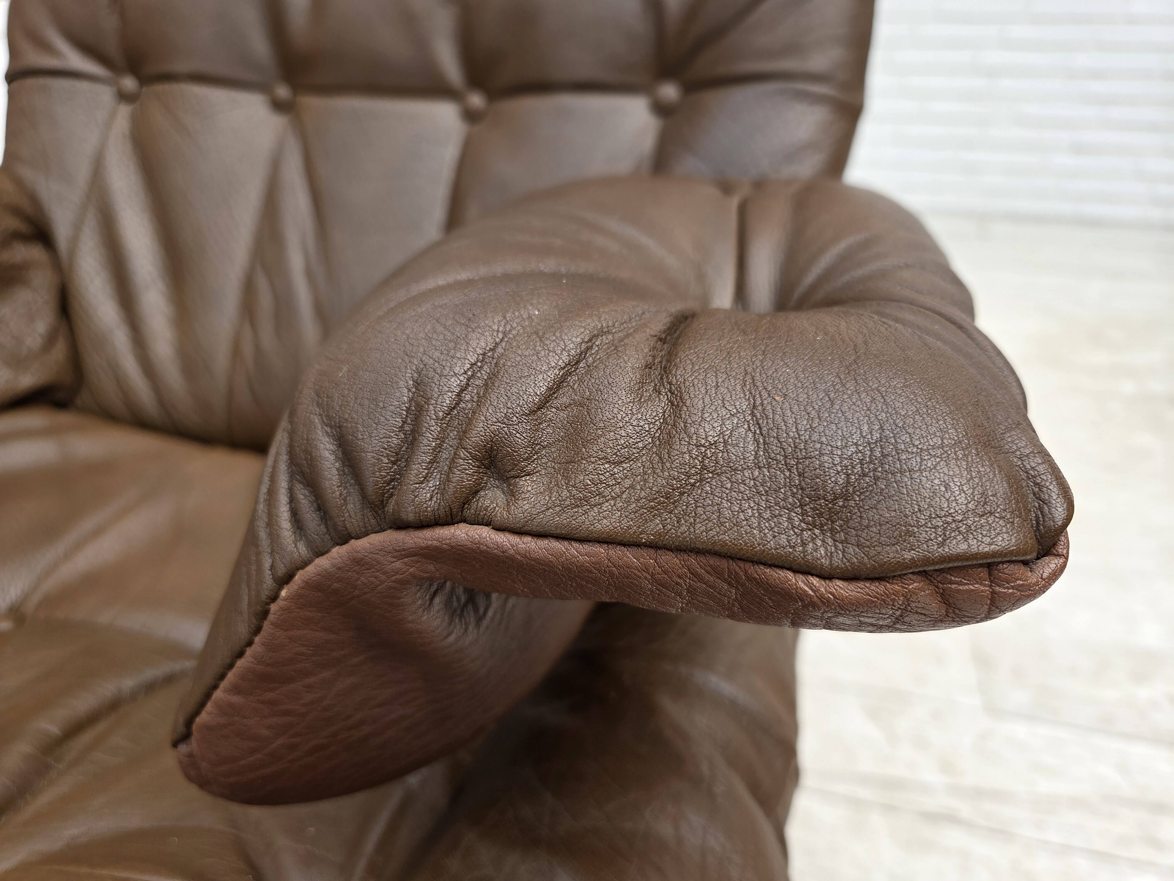 Fauteuil en cuir de meuble marron, années 1970, design scandinave,