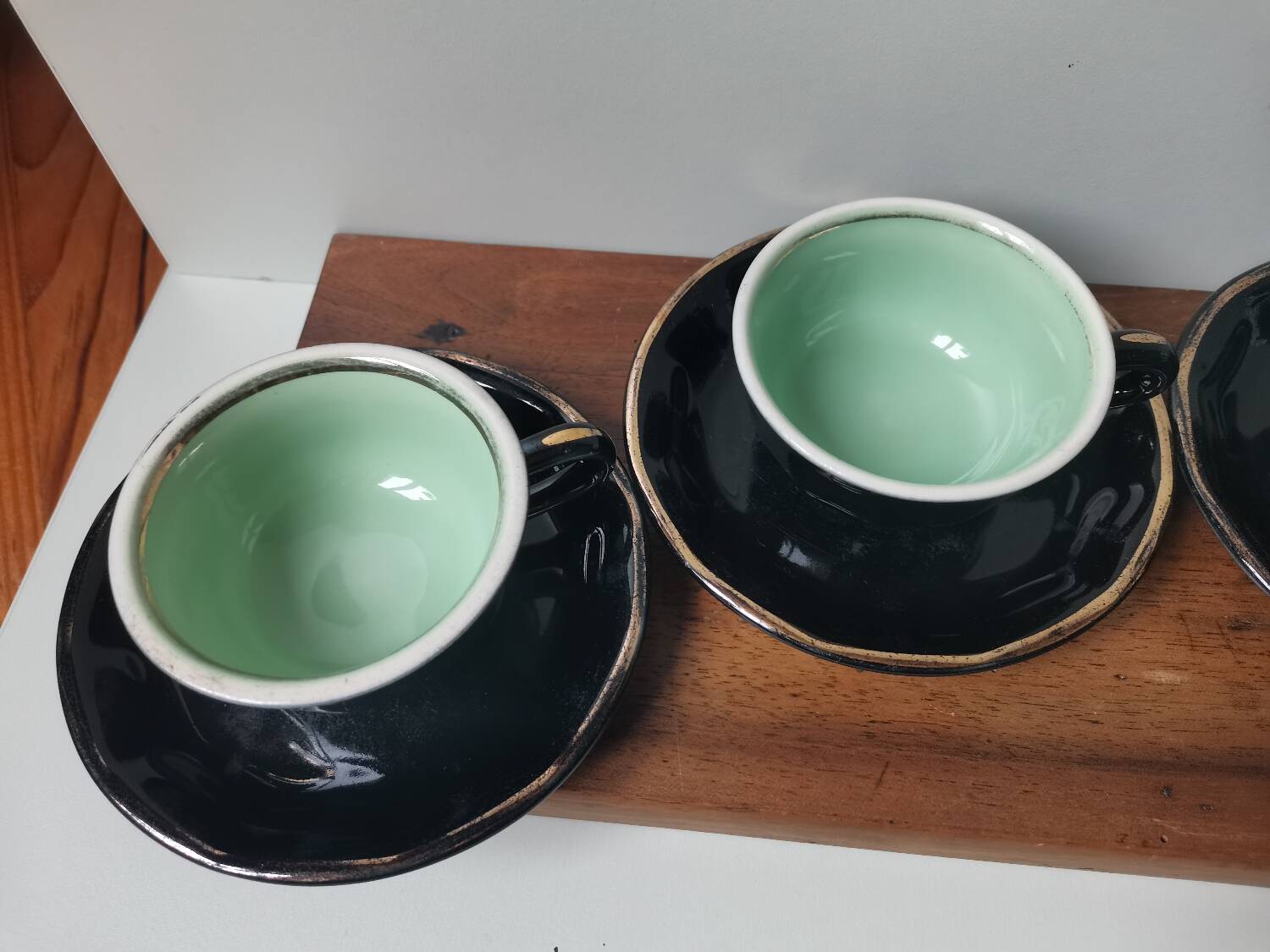 Set of 4 vintage bar cups and saucers black green and gold ets leveille mabit paris