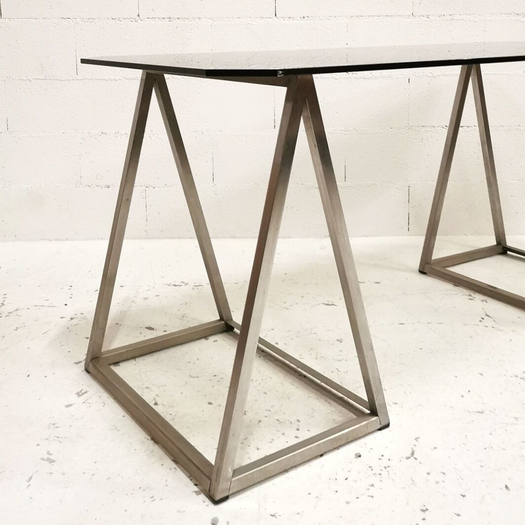 Bureau à tréteaux inox et verre, 1970