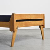 Wooden bench with midnight blue fabric, France, circa 1955