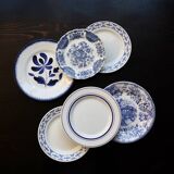 6 vintage mismatched blue and white porcelain dessert plates