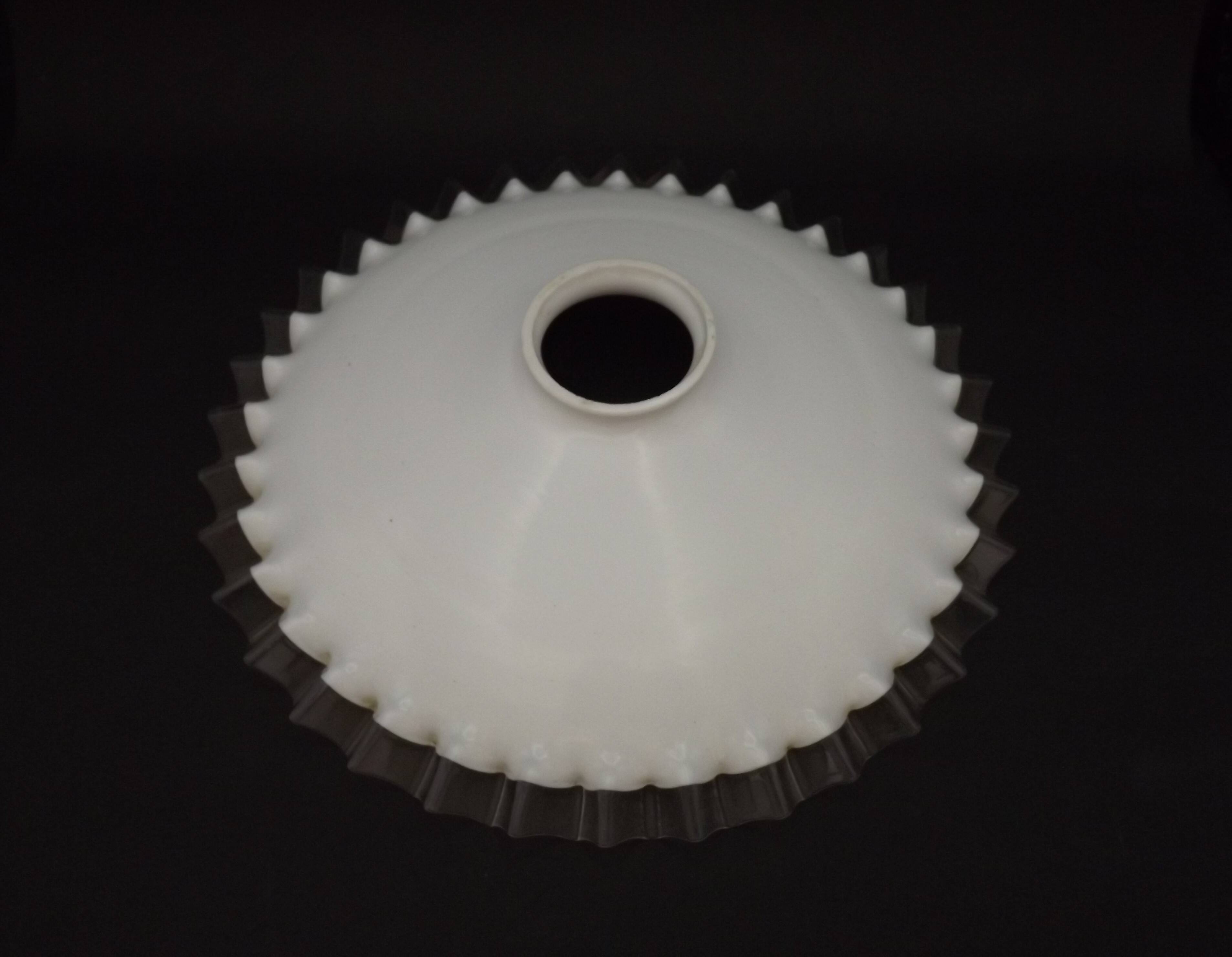 Fringed opal white glass pendant lampshade with scalloped edge.