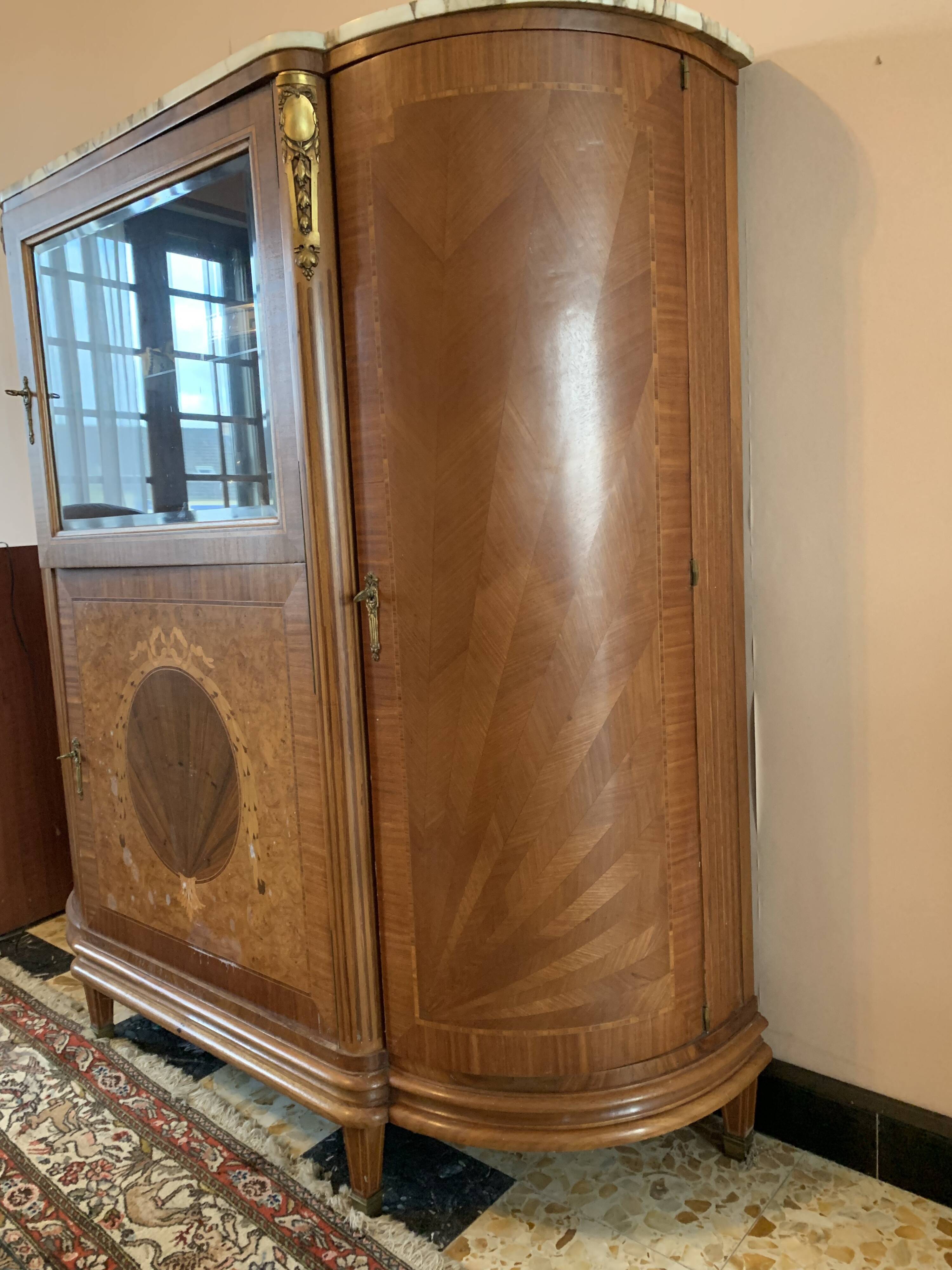 Half-moon buffet with display cabinet in Louis XVI style, marquetry with marble top.