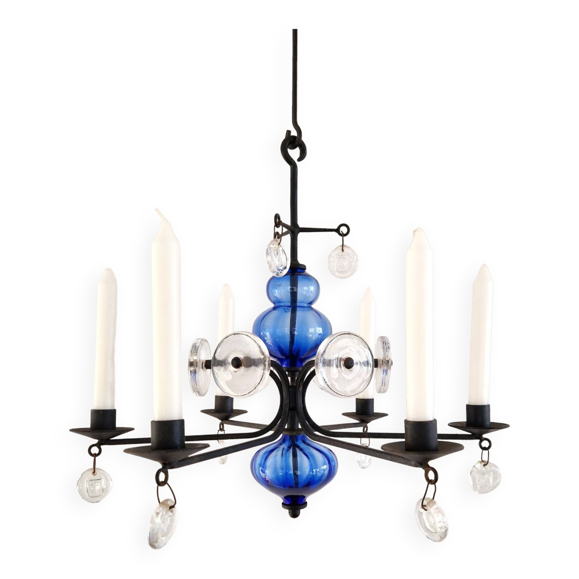 Art glass and wrought iron candelabra chandelier by Erik Höglund for Boda, Sweden 1960's