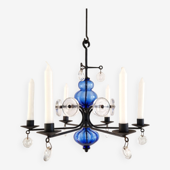 Art glass and wrought iron candelabra chandelier by Erik Höglund for Boda, Sweden 1960's