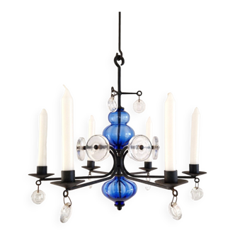 Art glass and wrought iron candelabra chandelier by Erik Höglund for Boda, Sweden 1960's