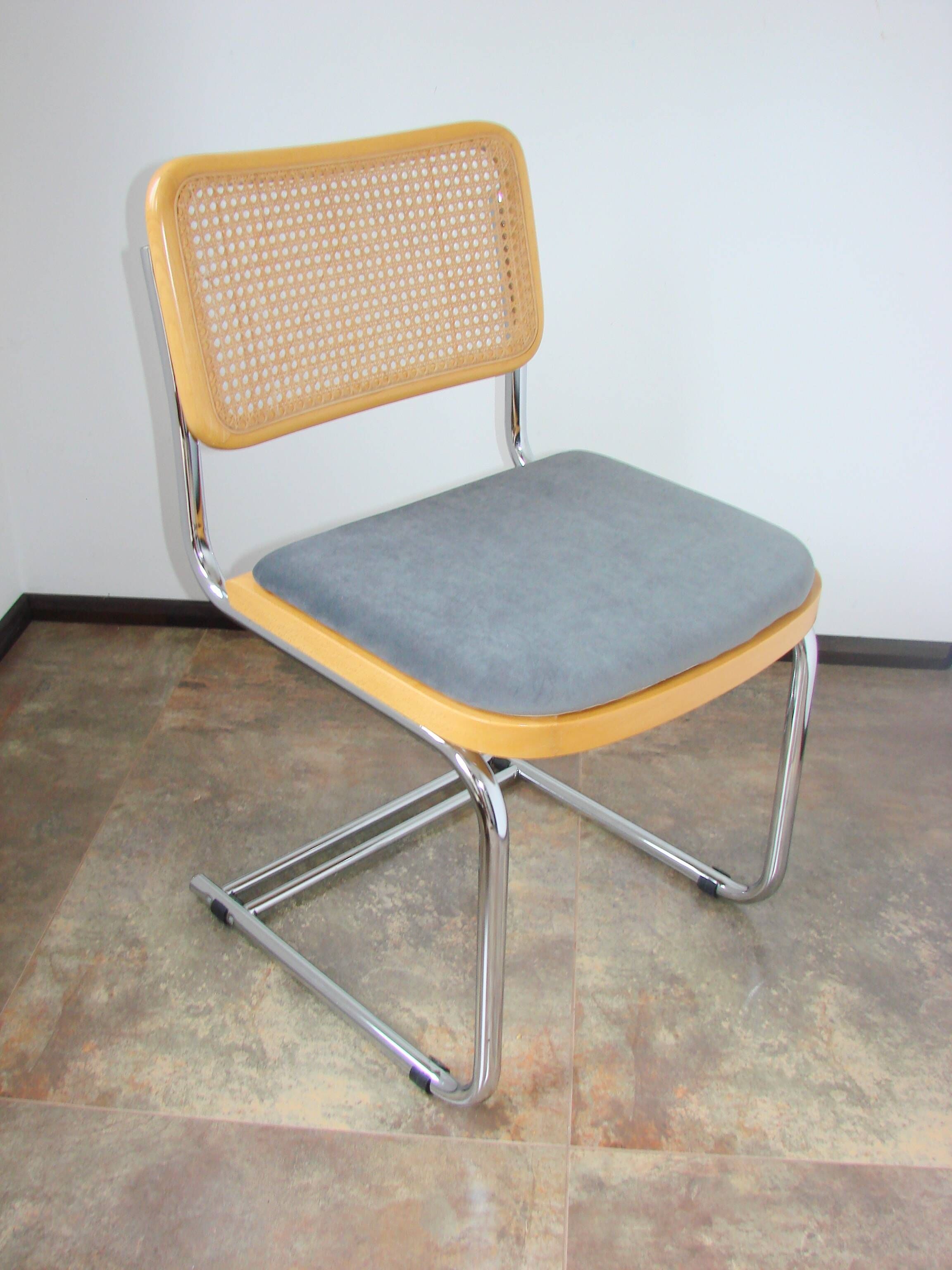 Vintage Bauhaus chair, 1980s – chrome, raffia and fabric