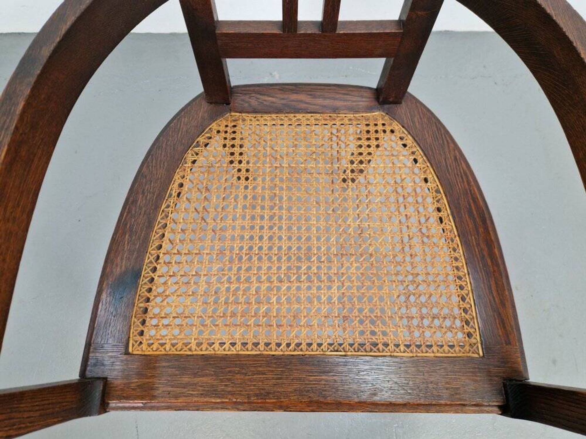 Art Nouveau Deco Armchair in Rattan Webbing, Oak and Copper, 1920s