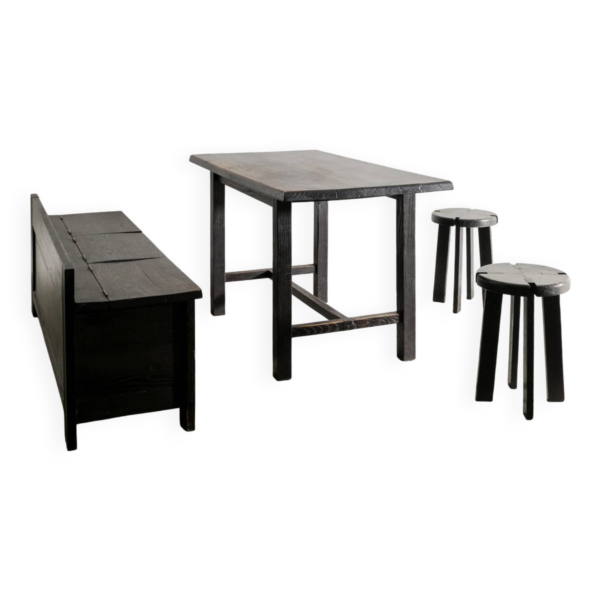 French Mid Century Black Wooden Ebonized Cabin Dining Set, 1950s