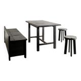 French Mid Century Black Wooden Ebonized Cabin Dining Set, 1950s