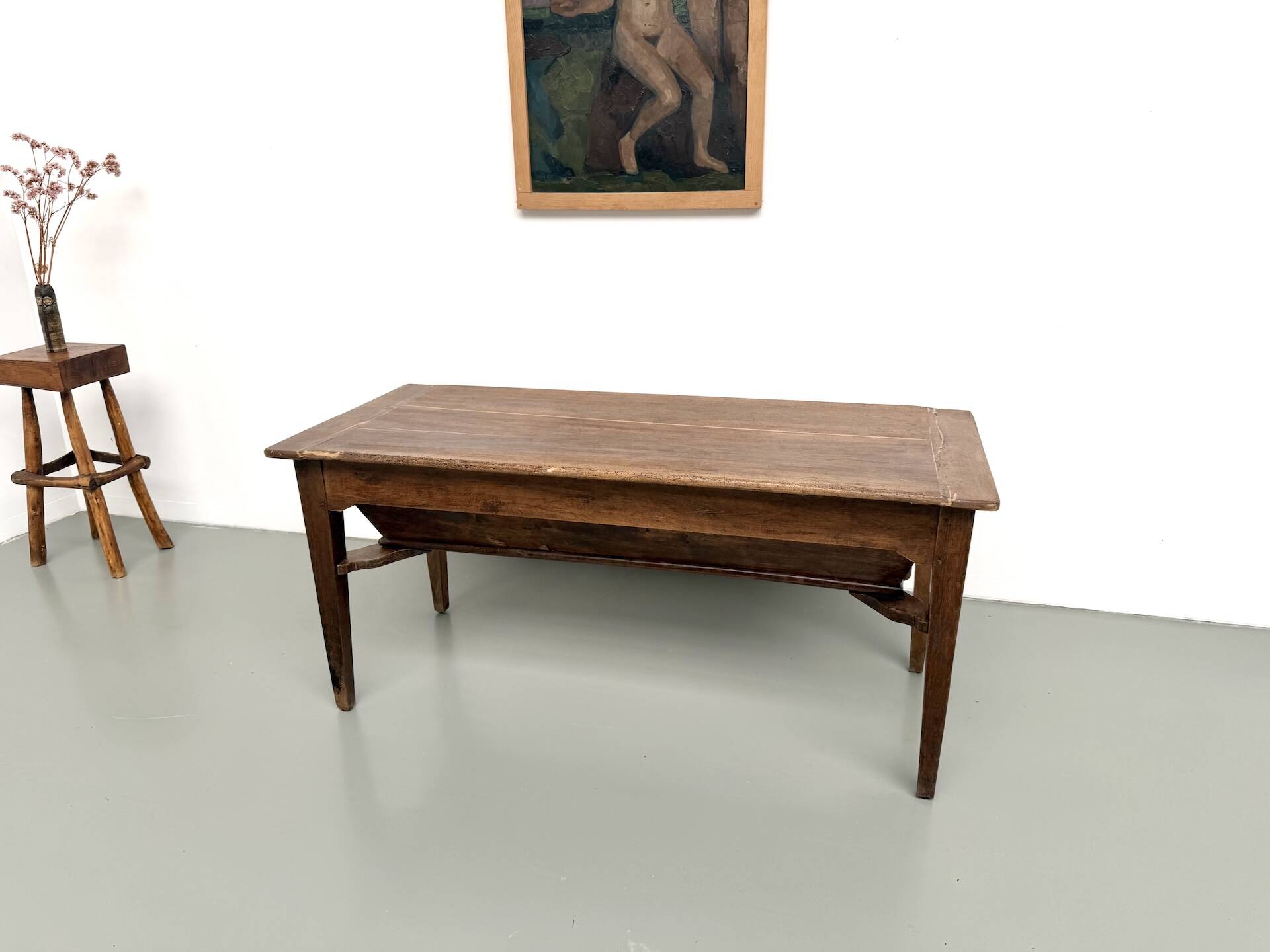 Farm table, old solid oak dough trough, France, around 1920.