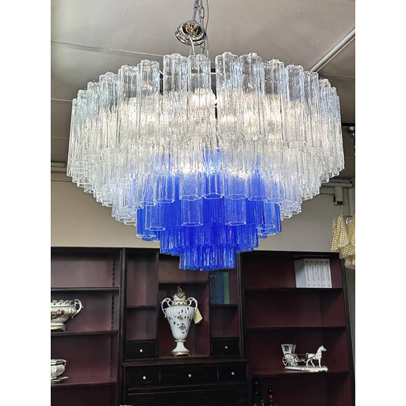 Large Transparent and Blue "Tronchi" Murano Glass Chandelier in Venini Styl