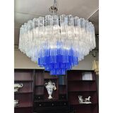 Grand lustre en verre de Murano "Tronchi" transparent et bleu de style Venini