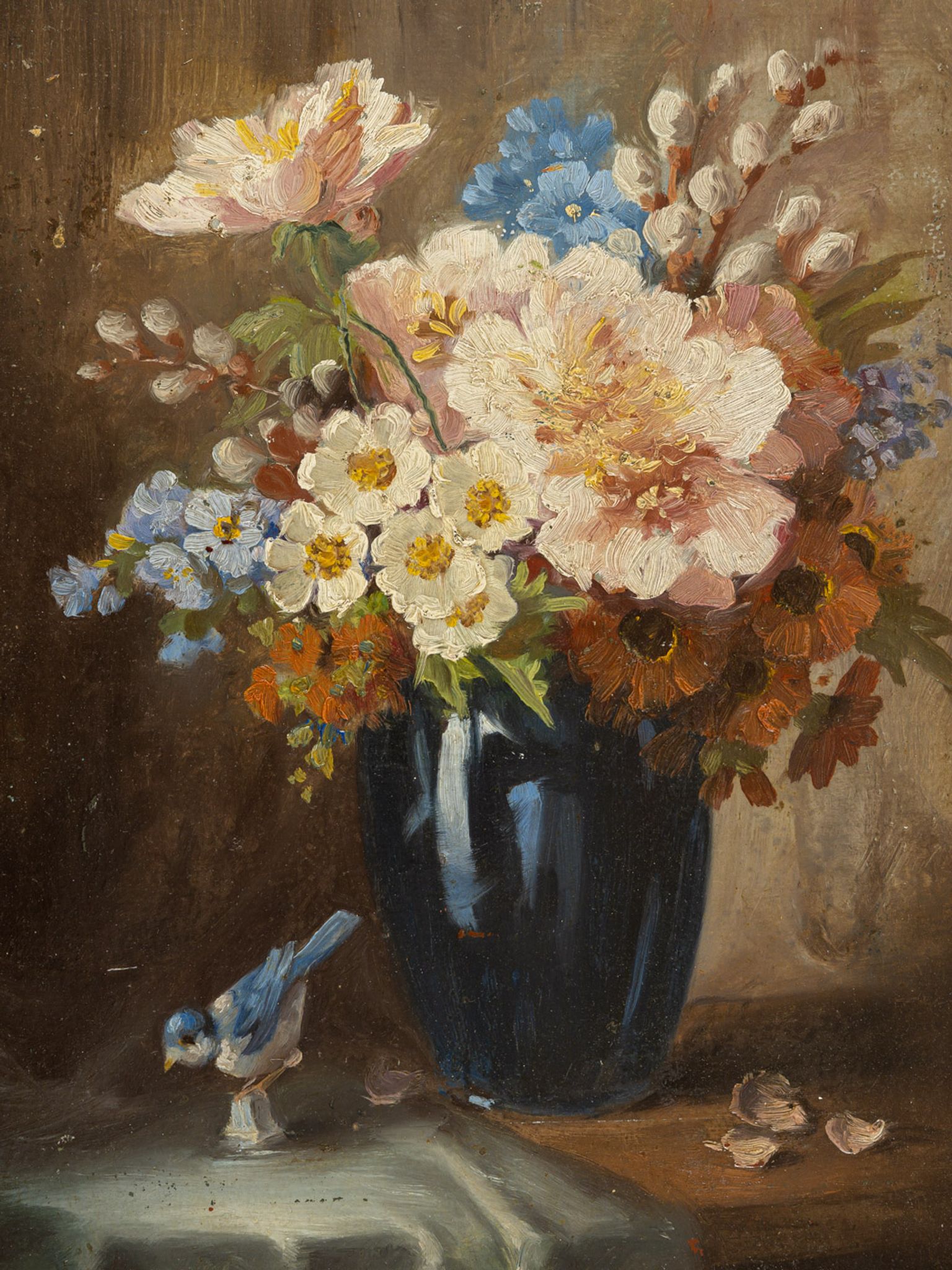 Bouquet de fleurs , Huile sur assiettes , 55 x 66 cm