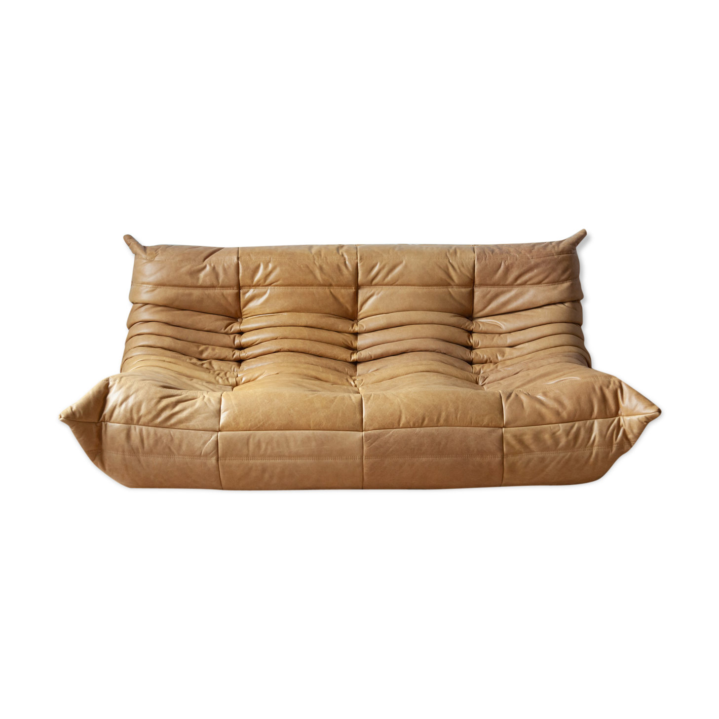 3 seater Togo camel leather sofa designed by Michel Ducaroy 1973