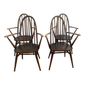 Rare set of 4 Ercol Quaker dining chairs / armchairs - English design 1960.