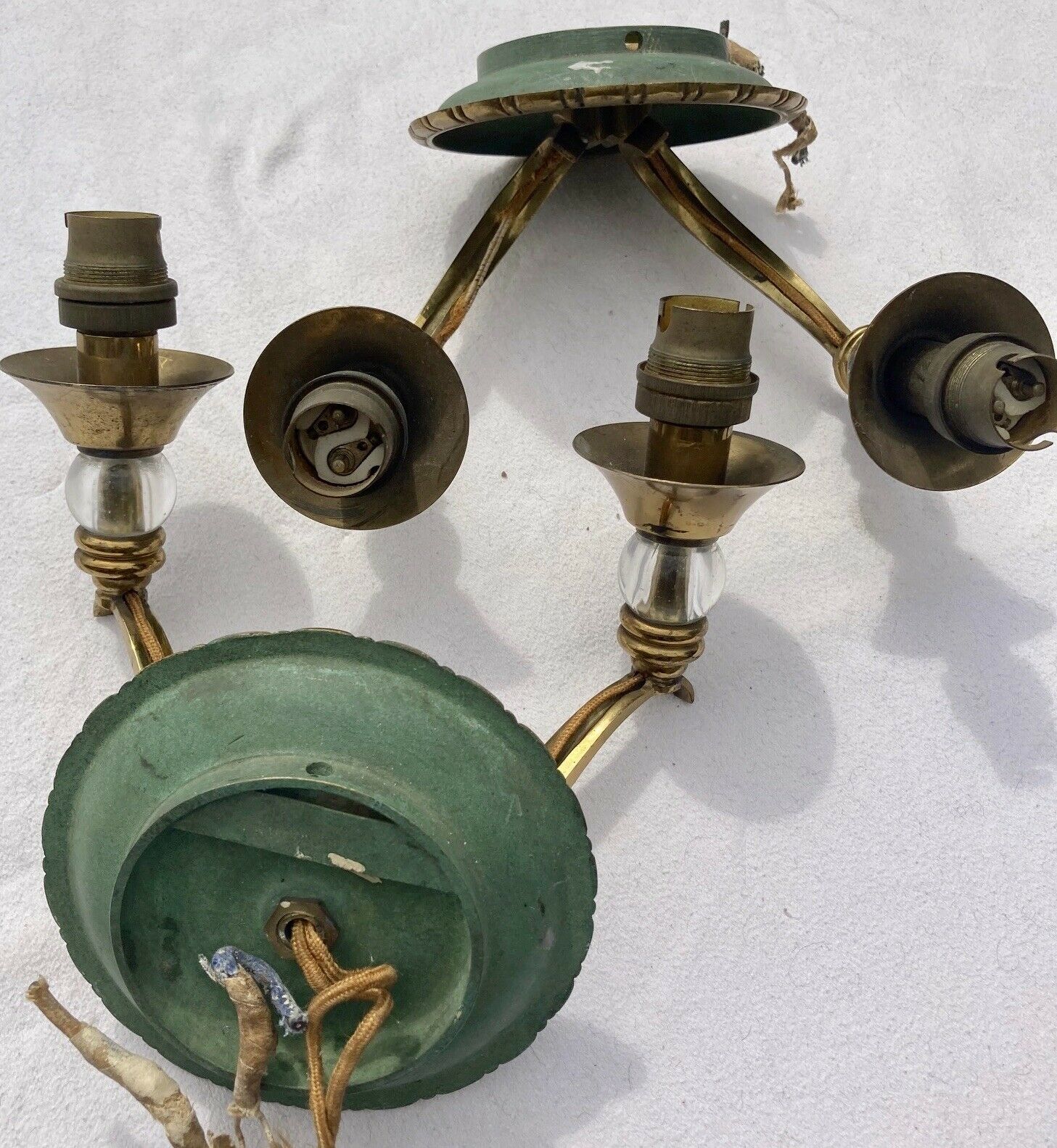 Pair of modernist bronze sconces & vintage crystal balls