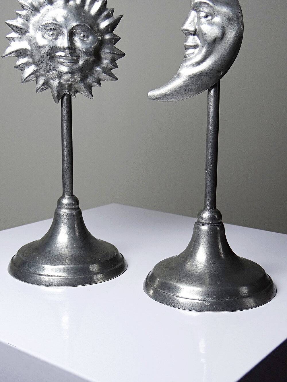 Pair of handcrafted candle holders Sun & Moon vintage mid-century silver-plated tin