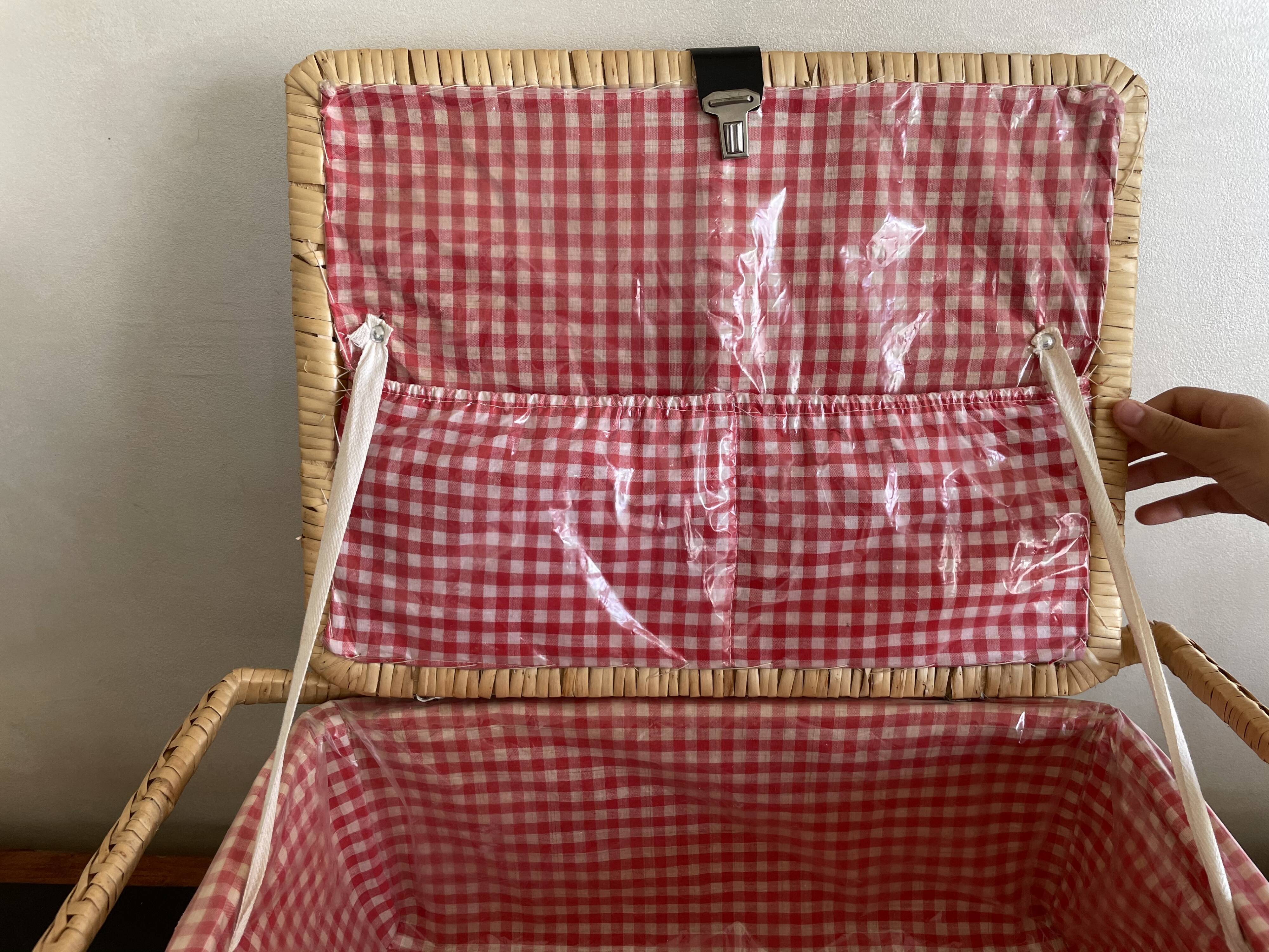 Large Suitcase, wicker picnic basket and red Vichy