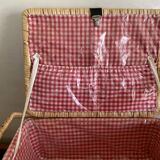 Large Suitcase, wicker picnic basket and red Vichy