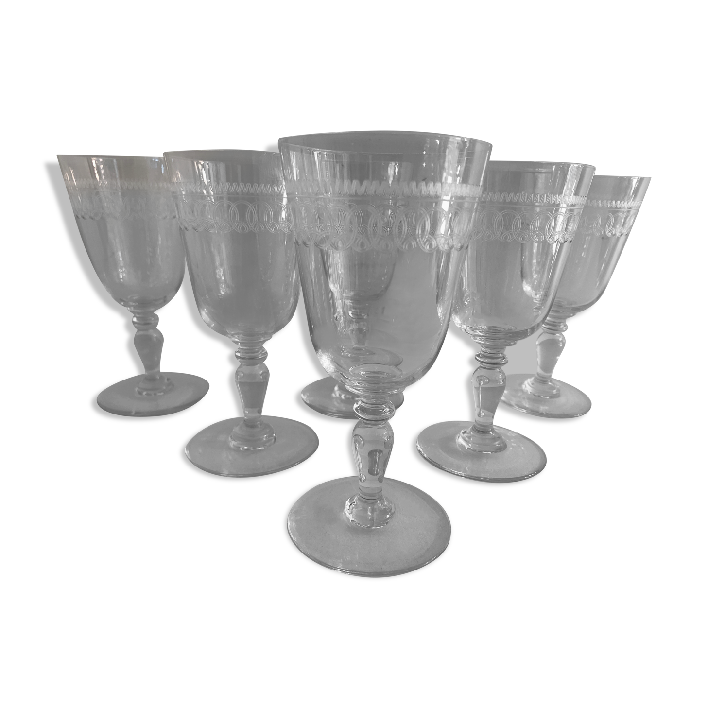 6 antique engraved crystal wine glasses