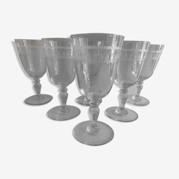 6 antique engraved crystal wine glasses