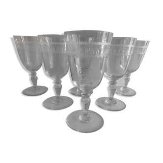 6 antique engraved crystal wine glasses
