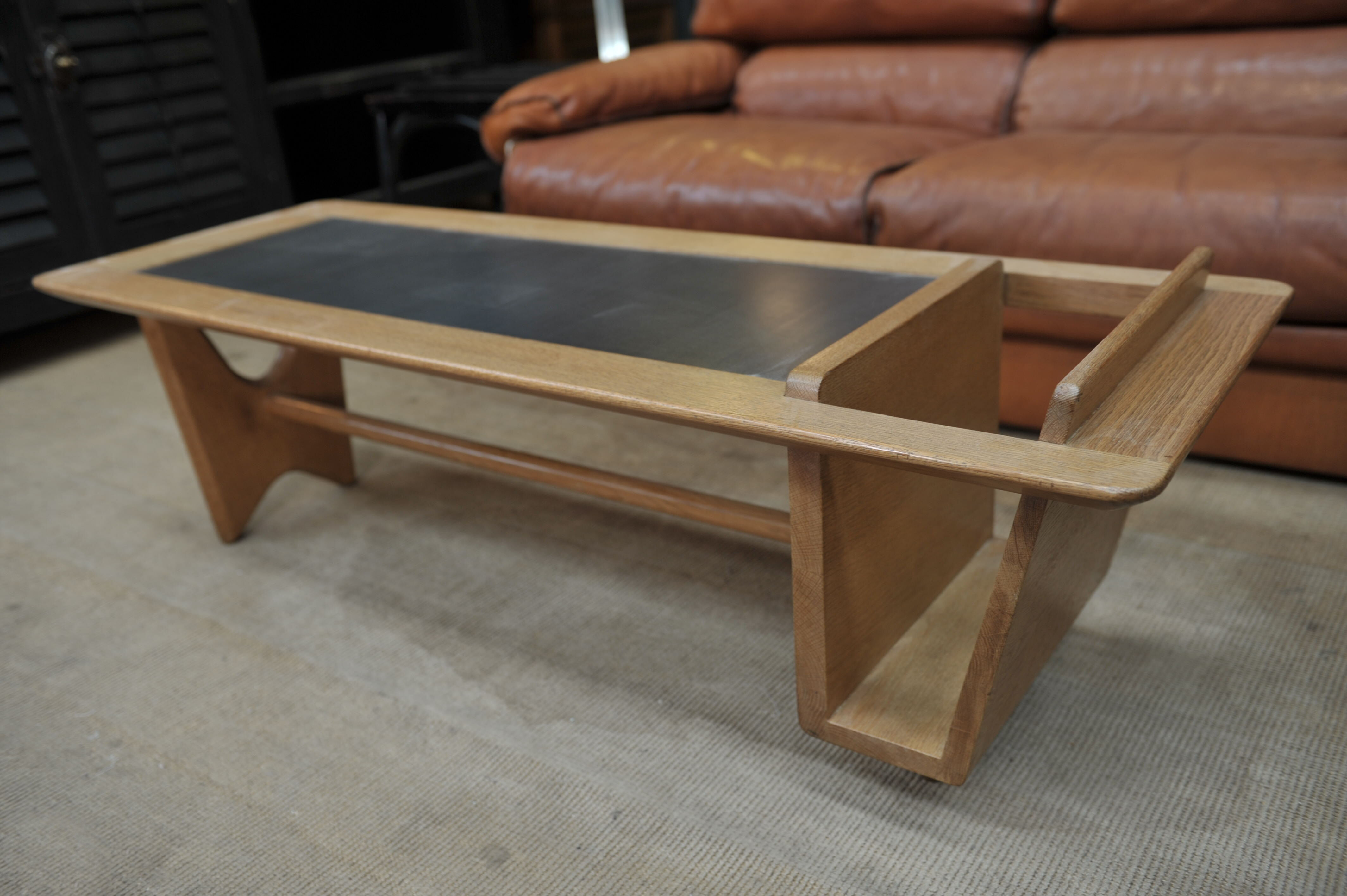 Coffee table in solid oak and metal by Guillerme & Chambron 1950s