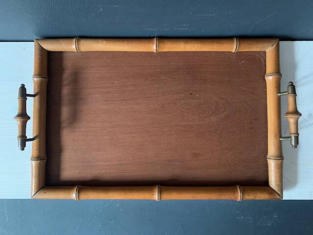Old serving tray in faux bamboo and brass, 19th century