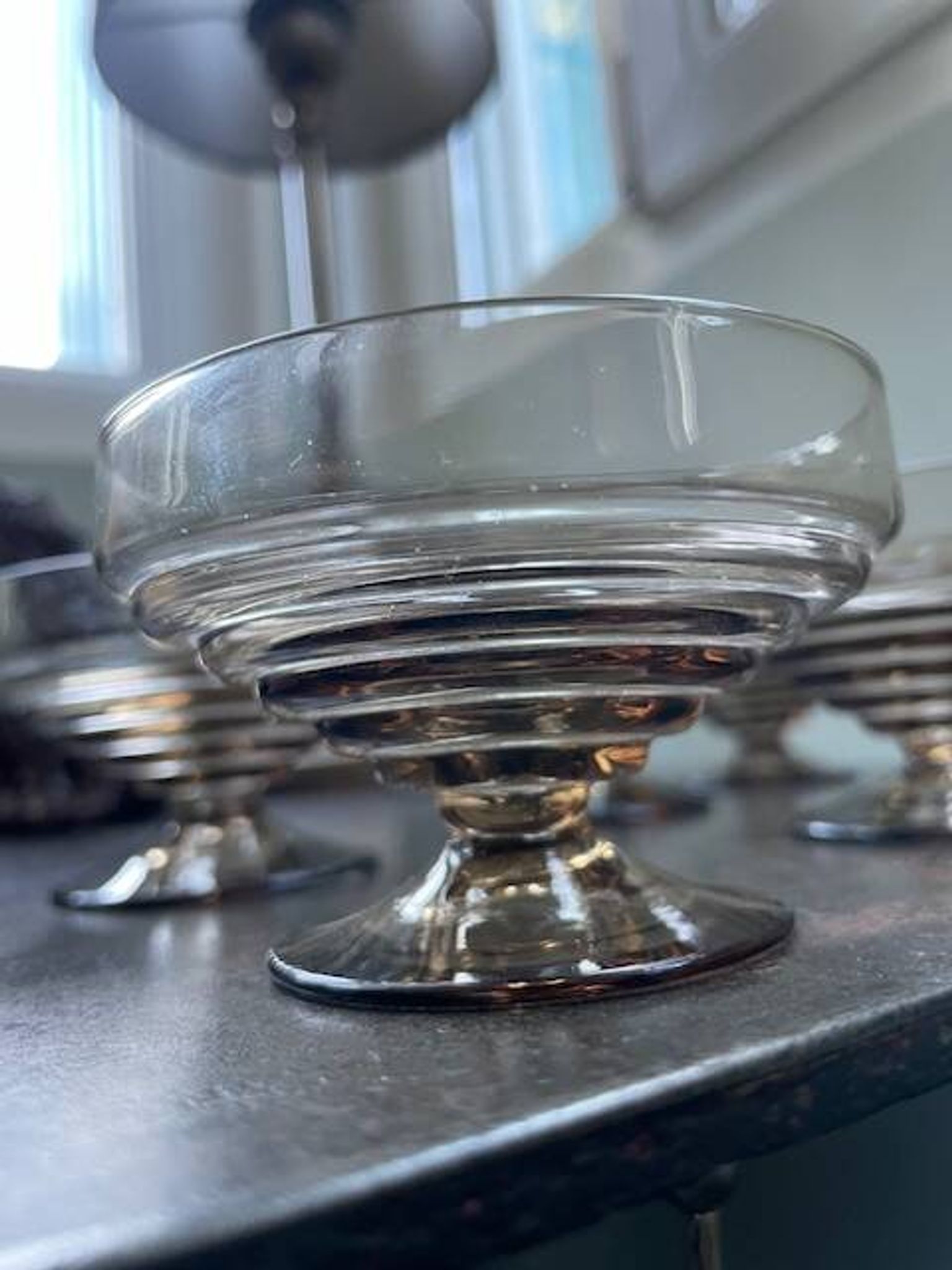 6 vintage ice cream coupes, blown glass brown fruit