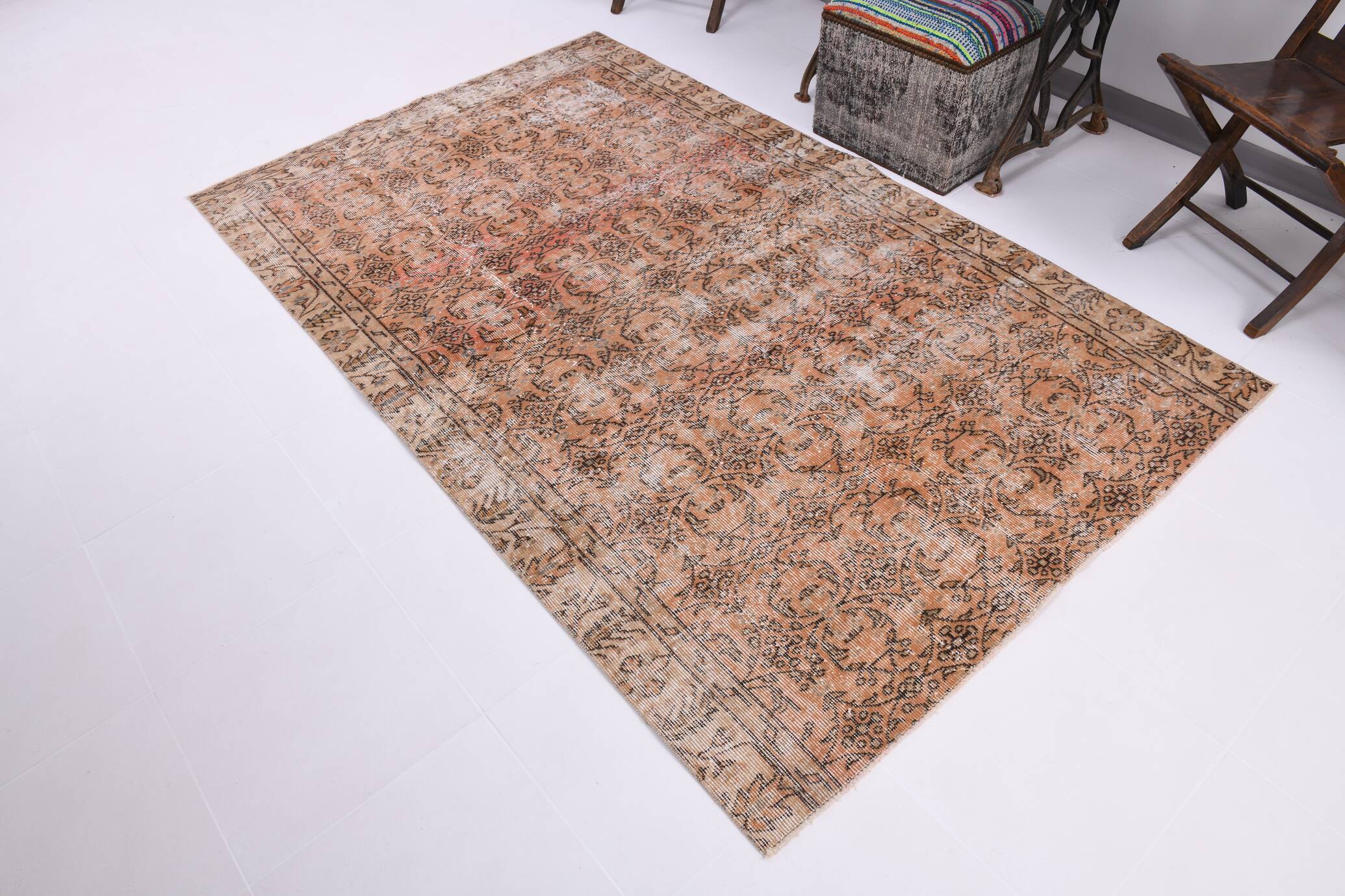 5x8 Peach Orange Handmade Wool Vintage Rug, 144x234Cm