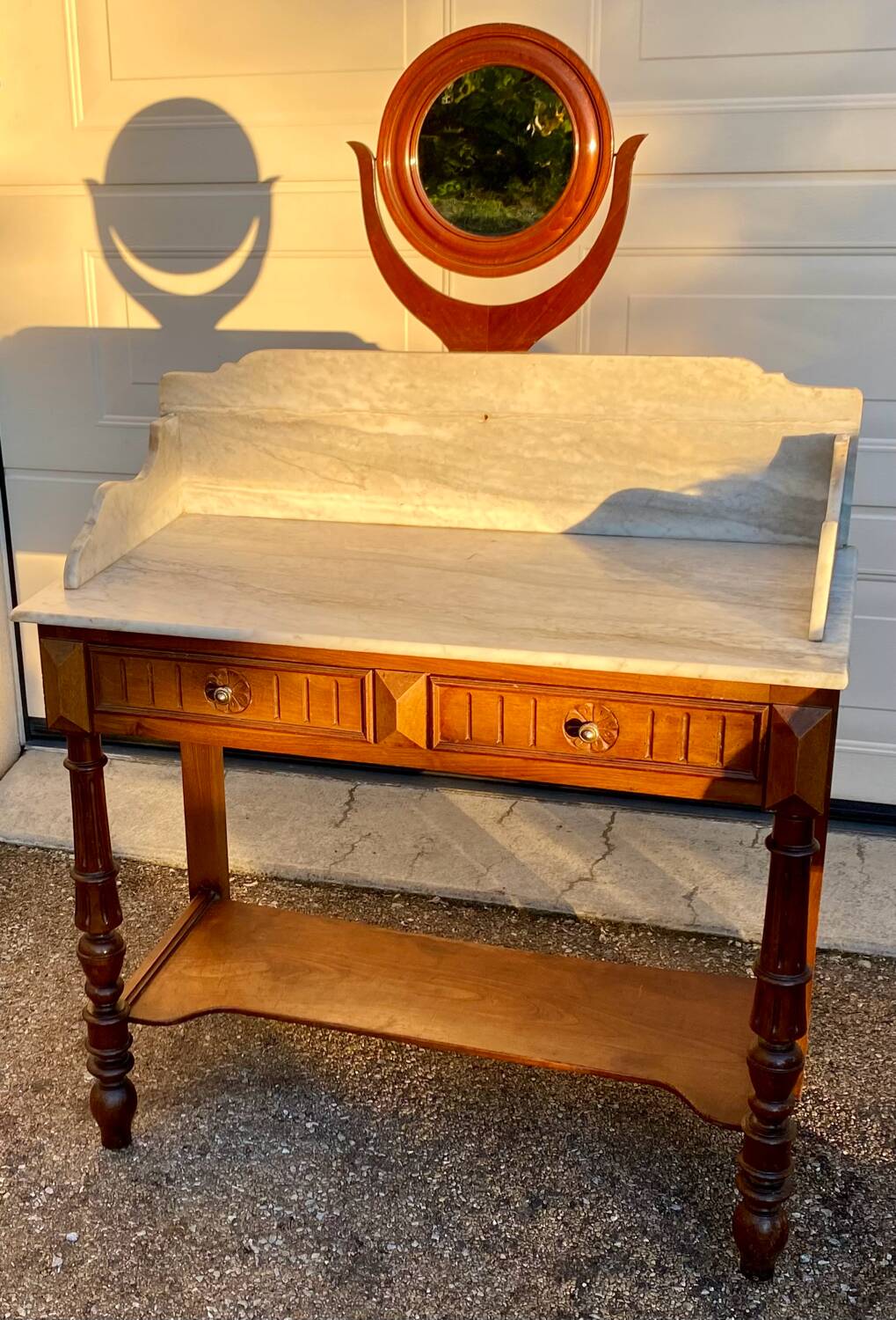 Antique white marble dressing table with drawer