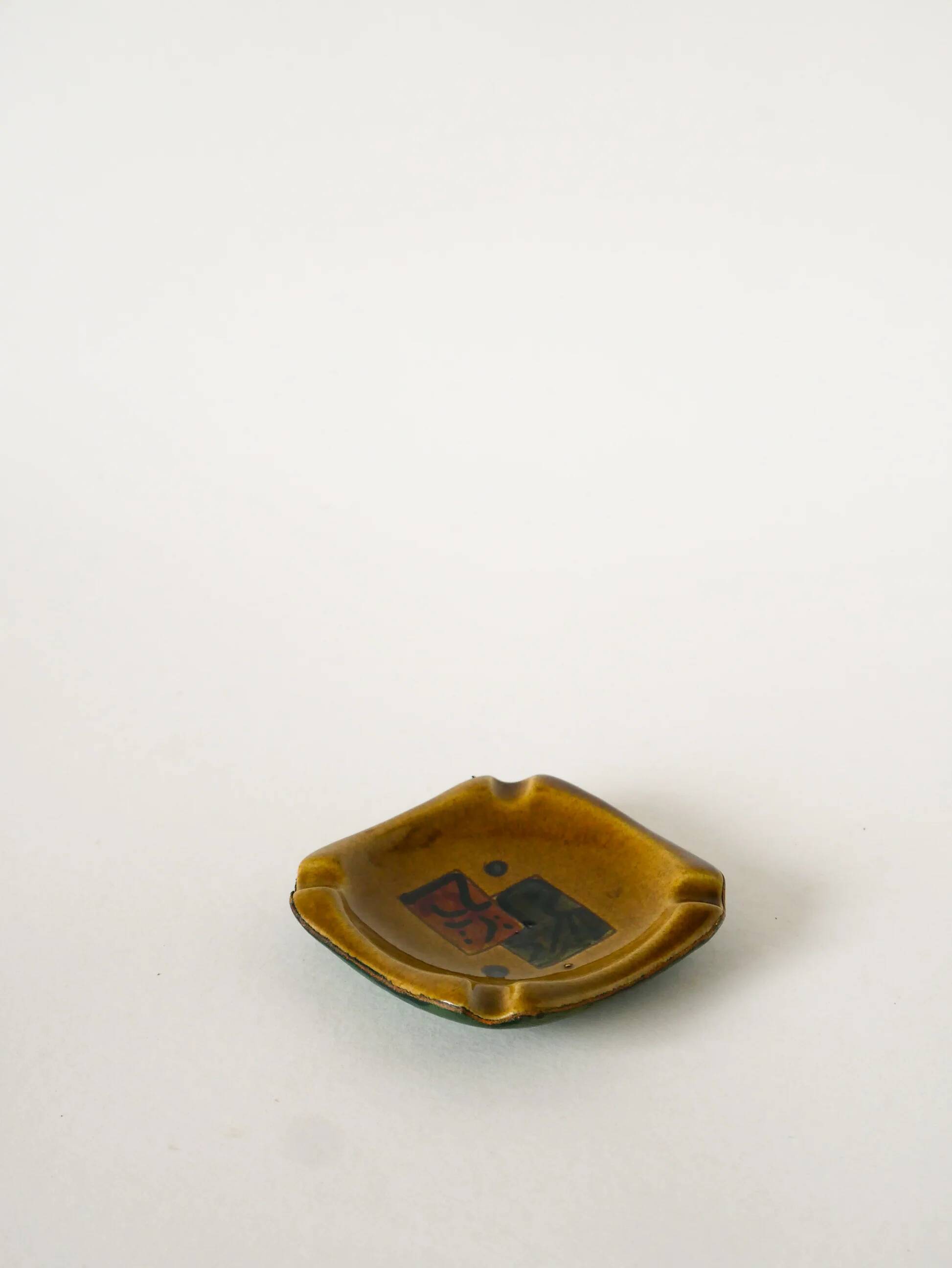 Ceramic and green leather ashtray, abstract patterns, black and brown, design, 1960.