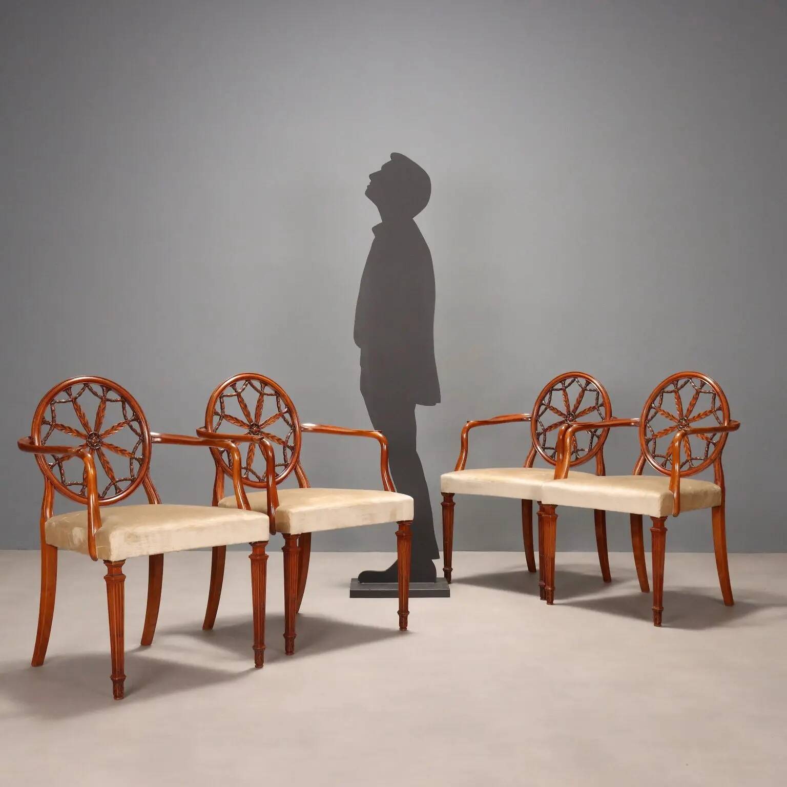 Antique cherry wood and fabric armchairs, United Kingdom, 20th century