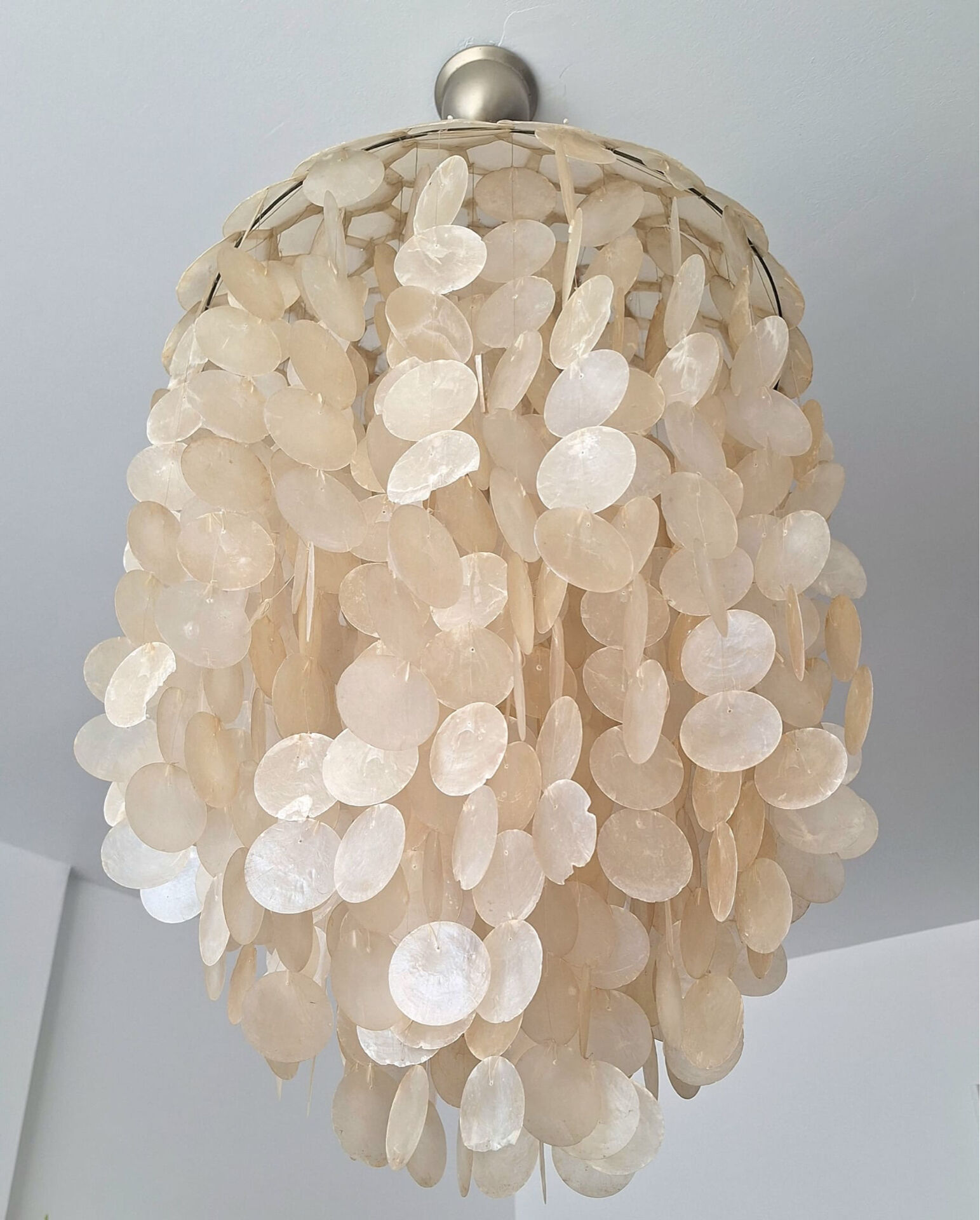 Vintage capiz shell chandelier, antique light fixture.