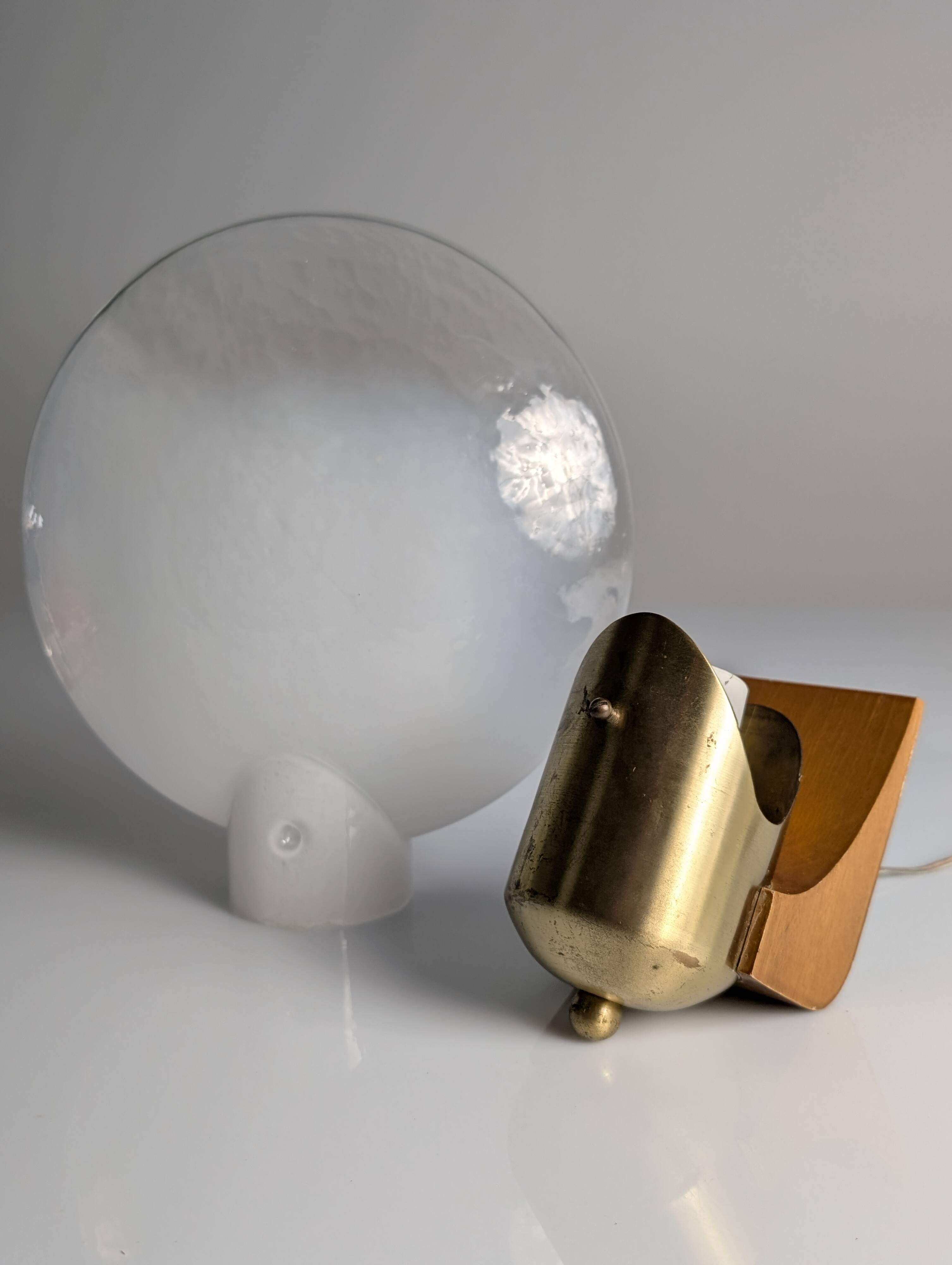 Vintage Wood, Brass and Two-Tone Oval Glass Wall Lamp, Italy, 1970s