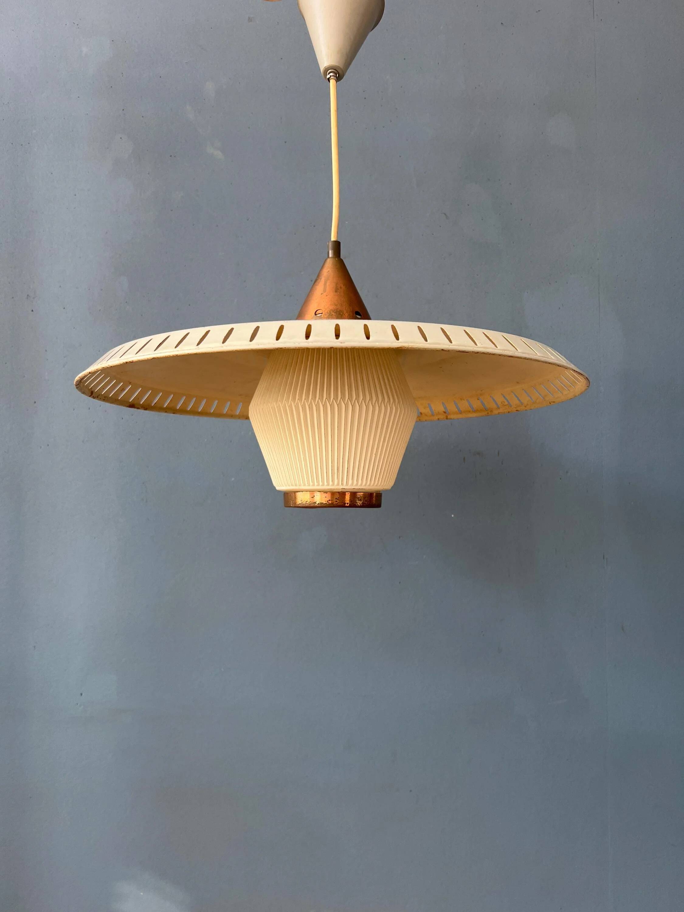 Vintage suspension by Louis Kalff in enamelled metal and opaline glass.