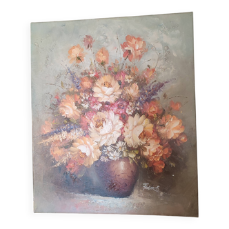 Bouquet de fleurs : Tableau ancien huile sur toile