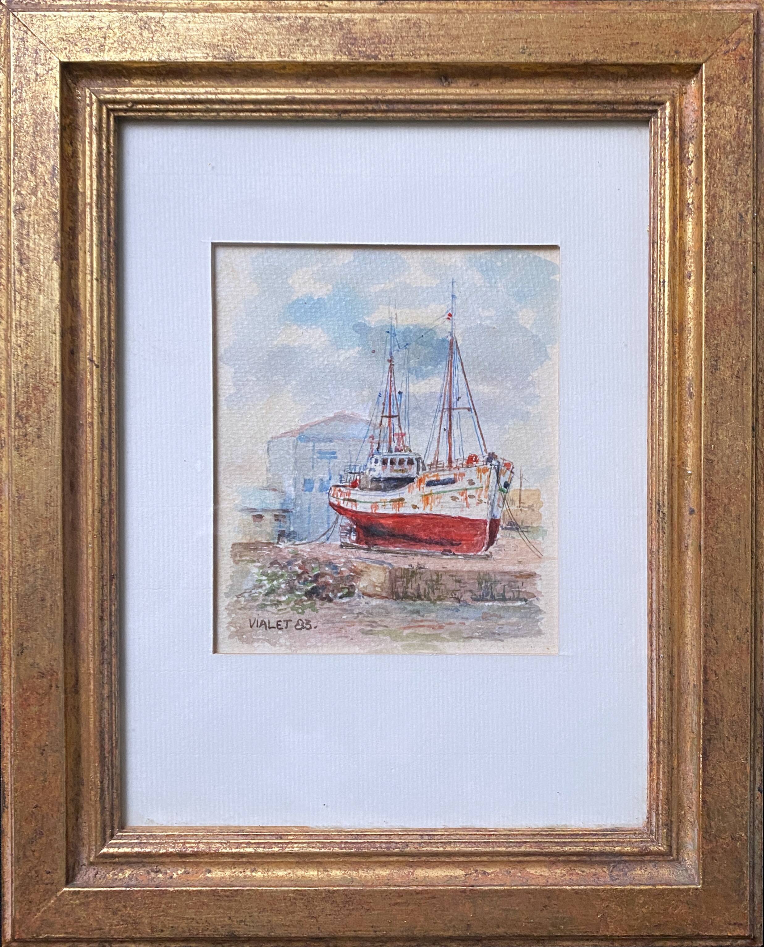 Watercolor painting "trawler in cable" signed vialet (19)83 + frame