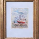Watercolor painting "trawler in cable" signed vialet (19)83 + frame