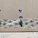 teak wall coat rack with 7 double cast iron hooks
