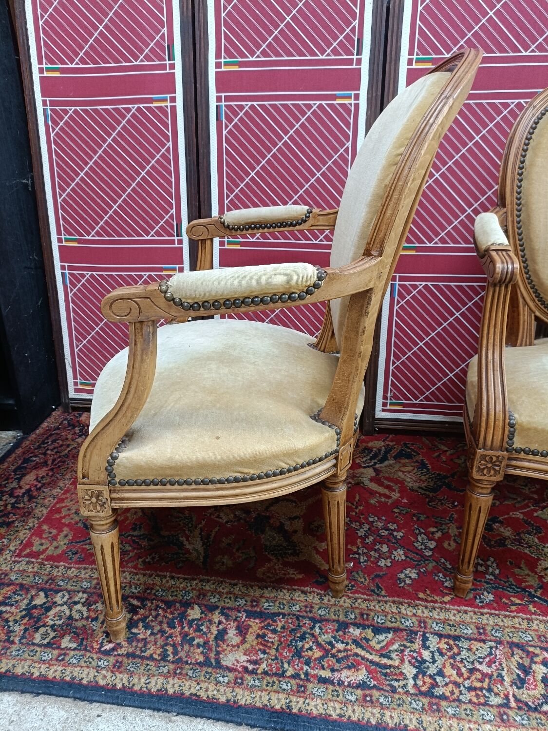 Pair of armchairs medallion Louis XV style, yellow velvet