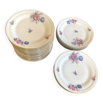 22 Assiettes plates "décor fleurs roses et bleues" porcelaine