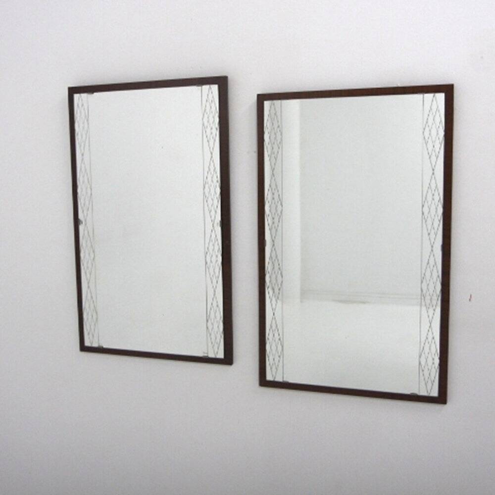 Set of 2 Scandinavian mirrors in glass & wood, Sweden, 1960, 80x50.