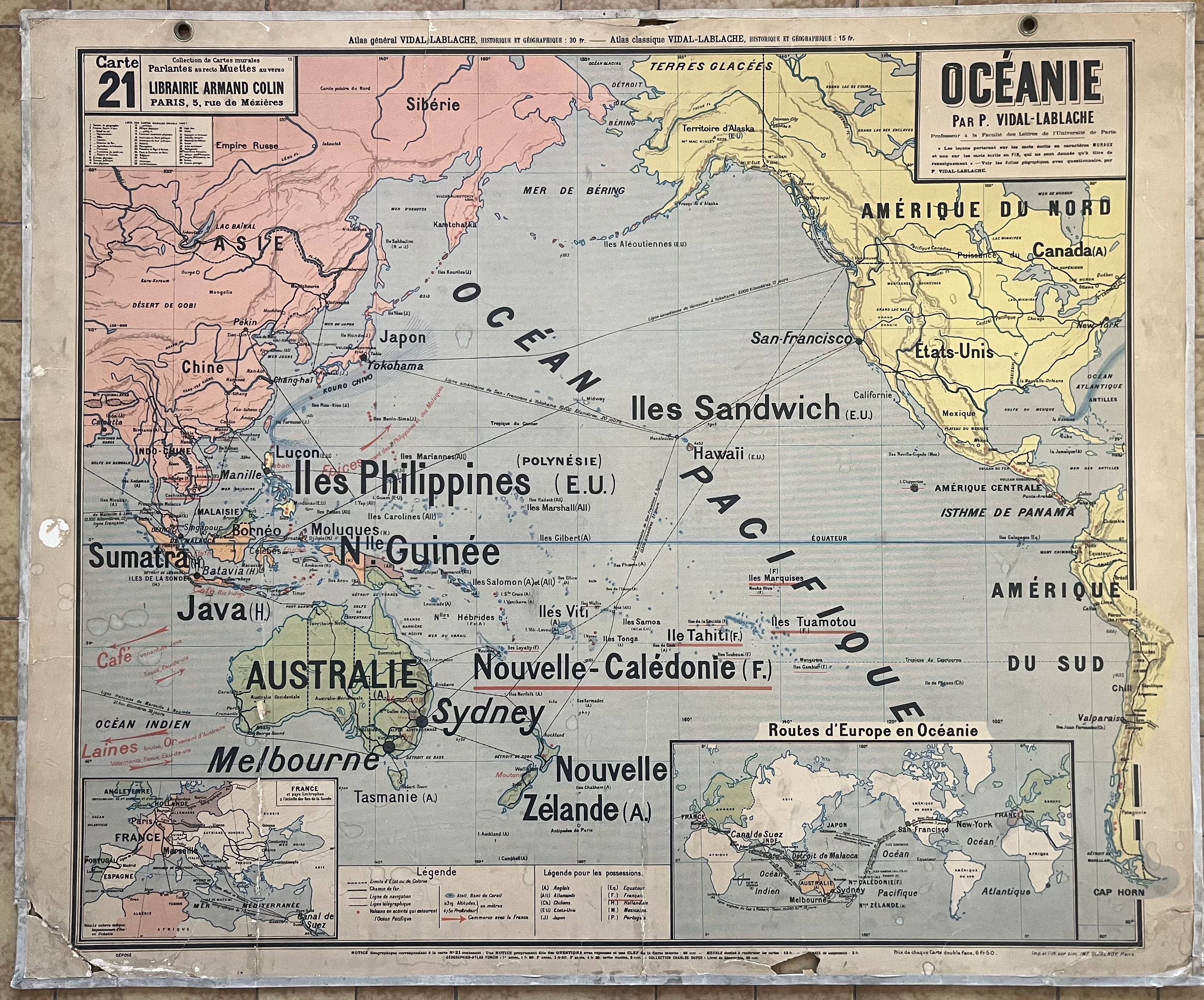 Old school map Vidal-Lablache 21, Mézières T15, 1900 Oceania